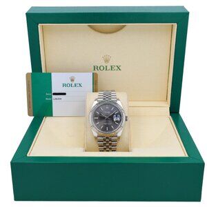 B&P Rolex Datejust 126334 41mm Grey luminous Index Dial Fluted Bezel Jubilee
